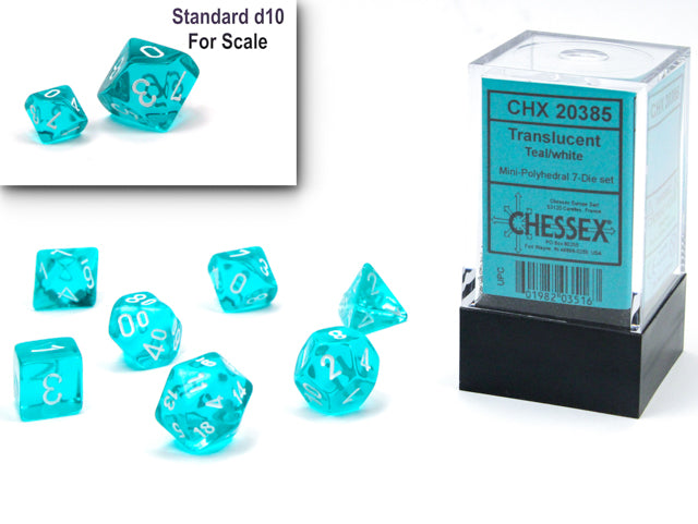 CHX20385 Mini Polyhedral 7-Die Set: Translucent  Teal/white 7-Die Set | Grognard Games