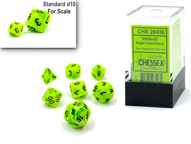 CHX20430 Mini Polyhedral 7-Die Set: Vortex Bright Green/black 7-Die Set | Grognard Games