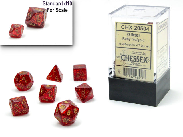 CHX20504 Mini Polyhedral 7-Die Set: Glitter Ruby Red/gold 7-Die Set | Grognard Games