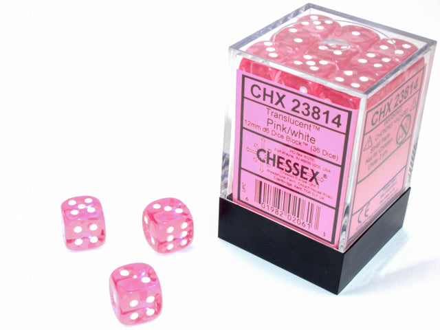 CHX23814 Translucent Pink/white 12mm d6 Dice Block | Grognard Games