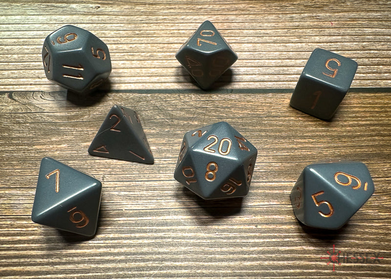 CHX25420 Opaque Dark Grey/copper Polyhedral 7 Dice Set | Grognard Games