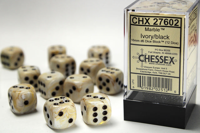 CHX27602 Marble Ivory/black 16mm d6 Dice Block (12 dice) | Grognard Games