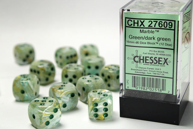 Chessex 16mm D6 Marble Green/Dark green (12 Dice) | Grognard Games