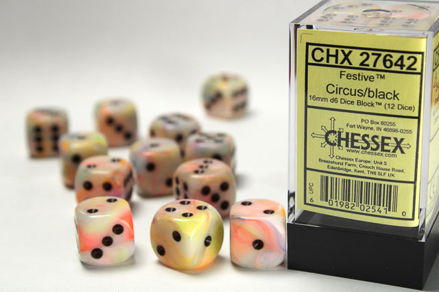 CHX27642 Festive Circus/black 16mm d6 Dice Block (12 dice) | Grognard Games