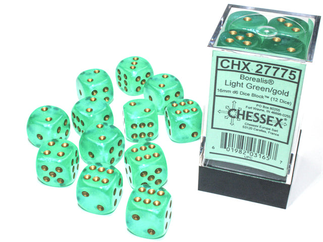 CHX27775 Borealis Light Green/gold 16mm (12) | Grognard Games