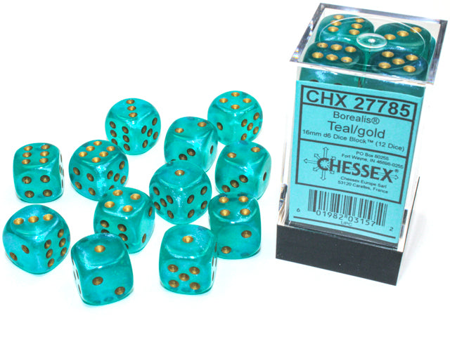 CHX27775 Borealis Teal/gold 16mm (12) | Grognard Games