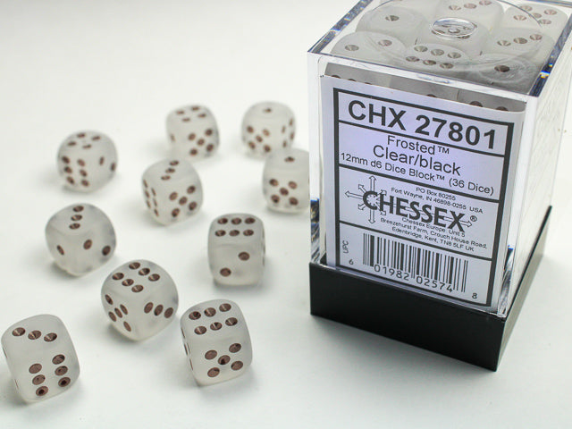 CHX27801 Frosted Clear/black 12mm d6 Dice Block (36 dice) | Grognard Games