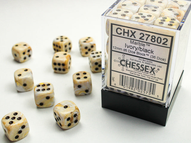 CHX27802 Marble Ivory/black 12mm d6 Dice Block (36 dice) | Grognard Games