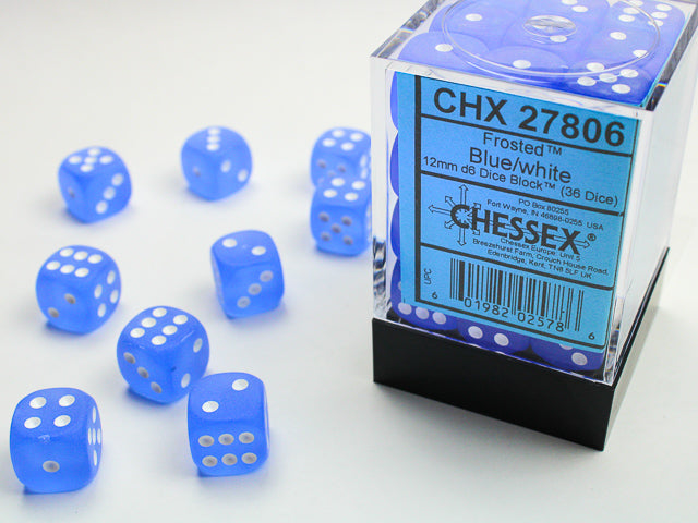 CHX27806 Frosted Blue/white 12mm d6 Dice Block (36 dice) | Grognard Games