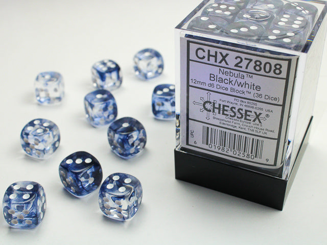 CHX27808 Nebula Black/white 12mm d6 Dice Block (36 dice) | Grognard Games