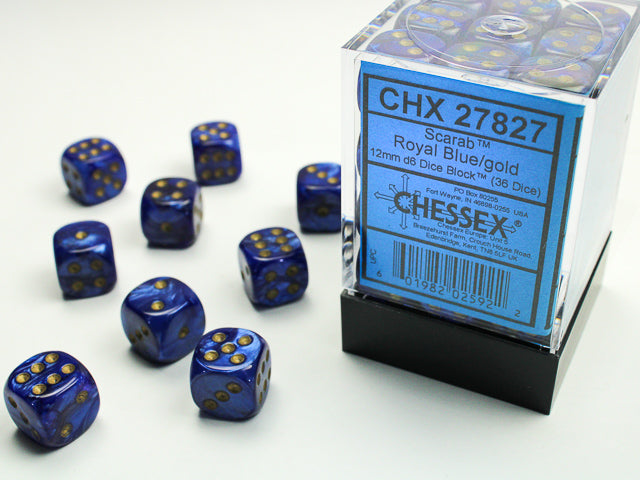 CHX27827 Scarab Royal Blue/gold 12mm d6 Dice Block (36 dice) | Grognard Games