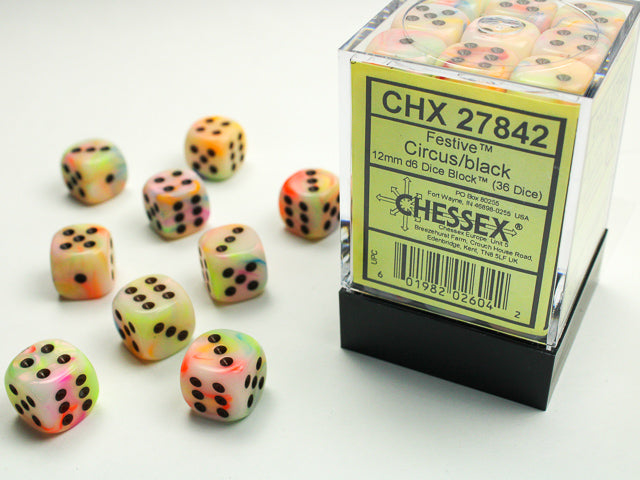 CHX27840 Festive Circus/black 12mm d6 Dice Block (36 dice) | Grognard Games