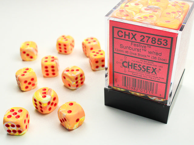 CHX27853 Festive Sunburst/red 12mm d6 Dice Block (36 dice) | Grognard Games