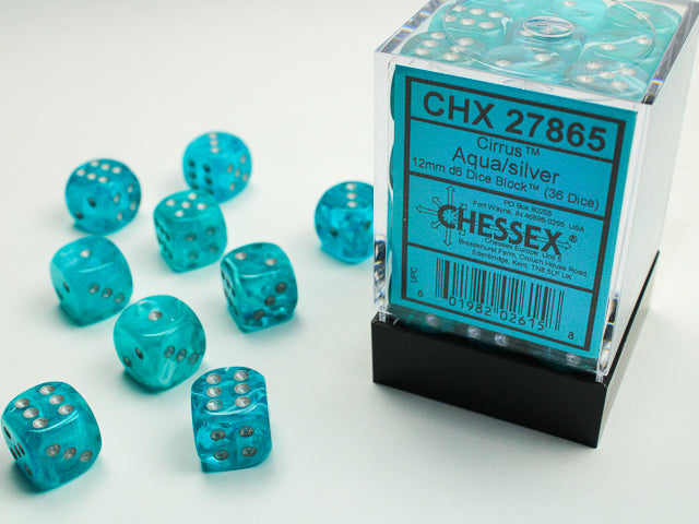 CHX27865 Cirrus Aqua/silver 12mm d6 Dice Block (36 dice) | Grognard Games