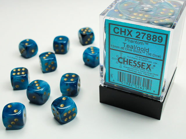 CHX27889 Phantom Teal/gold 12mm d6 Dice Block (36 dice) | Grognard Games