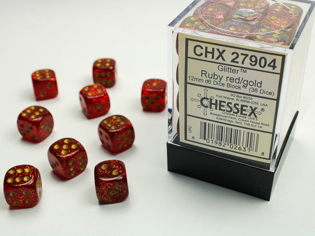 CHX27904 Glitter Ruby/gold 12mm d6 Dice Block (36 dice) | Grognard Games