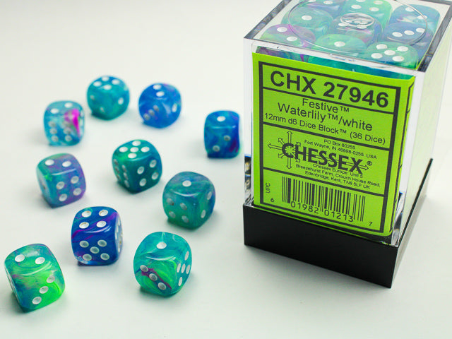 CHX27946 Festive Waterlily/white 12mm d6 Dice Block (36 dice) | Grognard Games
