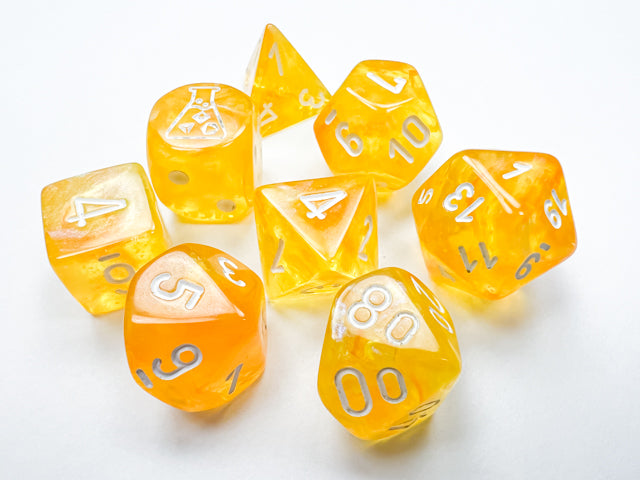 Chessex Borealis Canary/white Luminary Polyhedral 7-Dice Set (with bonus die) | Grognard Games
