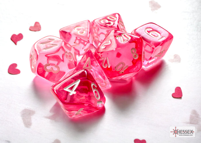 CHX20384 Mini Polyhedral 7-Die Set: Translucent Pink/white 7-Die Set | Grognard Games