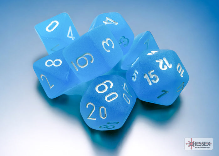 CHX20416 Mini Polyhedral 7-Die Set: Frosted Caribbean Blue/white 7-Die Set | Grognard Games