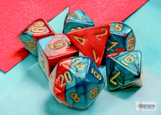 CHX20662 Mini Polyhedral 7-Die Set: Gemeni Red-teal/Gold | Grognard Games