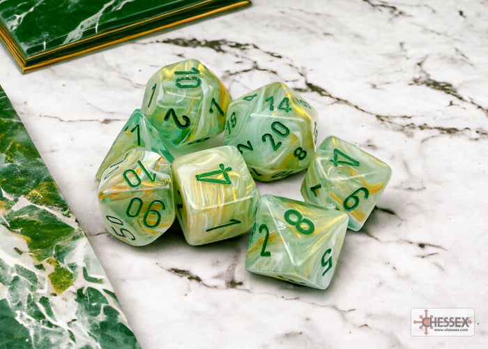 CHX27409 Marble Green/dark green Polyhedral 7-Dice Set | Grognard Games