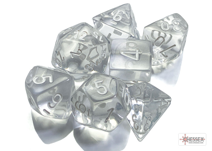 CHX23071 Translucent Clear/White Polyhedral 7-Die Set | Grognard Games