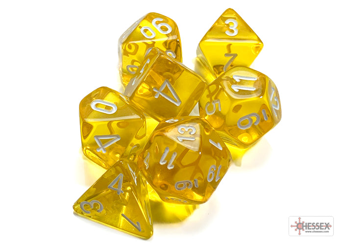 CHX23072 Translucent Yellow/White Polyhedral 7-Die Set | Grognard Games