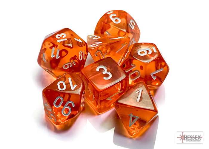 CHX23073 Translucent Orange/White Polyhedral 7-Die Set | Grognard Games