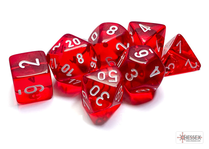 CHX23074 Translucent Red/White Polyhedral 7-Die Set | Grognard Games