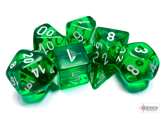 CHX23075 Translucent Green/White Polyhedral 7-Die Set | Grognard Games