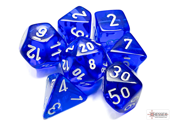 CHX23076 Translucent Blue/White Polyhedral 7-Die Set | Grognard Games