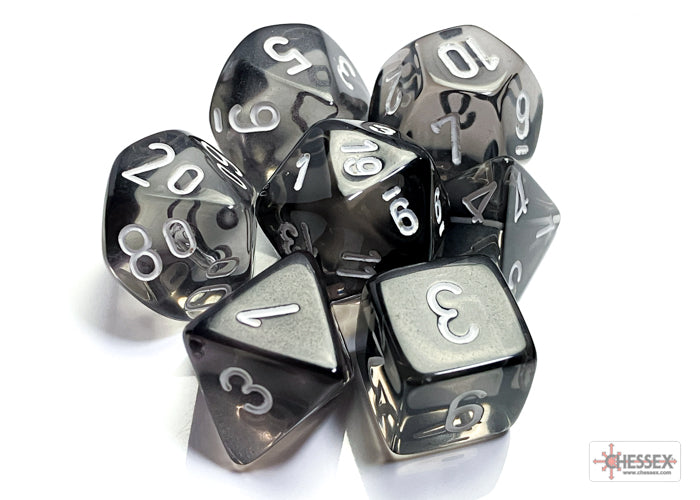 CHX23078 Translucent Smoke/White Polyhedral 7-Die Set | Grognard Games