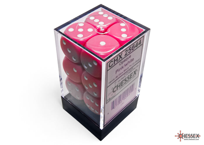 CHX23605 Opaque Pink/white 16mm d6 Dice Block (12 dice) | Grognard Games