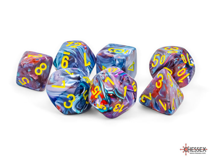 CHX22450 Festive Mosaic/Yellow 7 Mega-hedral die set | Grognard Games