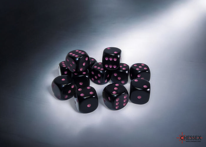 CHX25648 Opaque Black/pink 16mm d6 Dice Block (12 dice) | Grognard Games