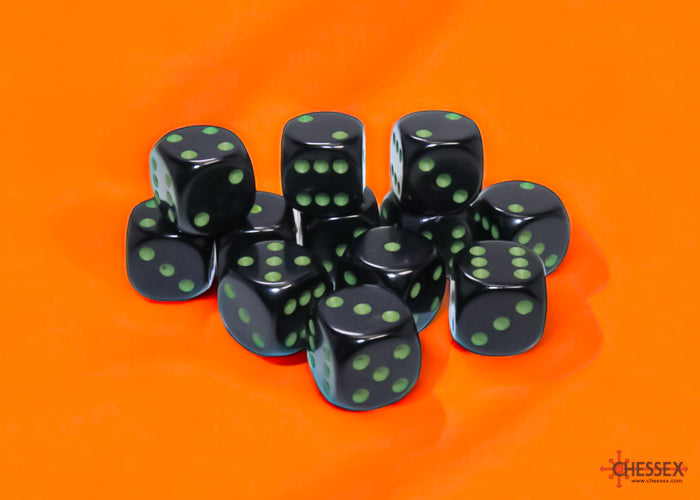 CHX25658 Opaque Black/green 16mm d6 Dice Block (12 dice) | Grognard Games