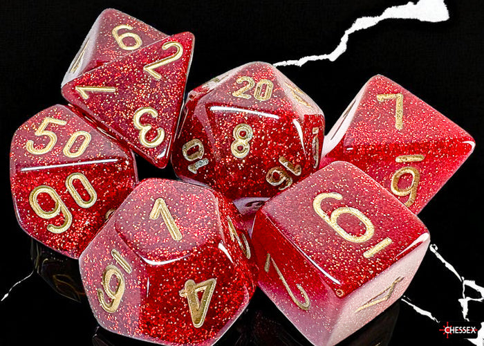 Glitter Mega-hedral Ruby/gold 7-Die Set | Grognard Games