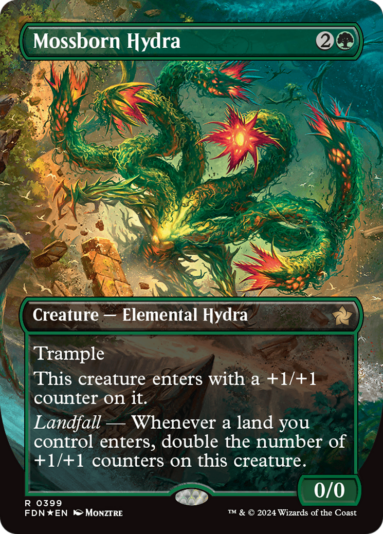 Mossborn Hydra (Borderless) (Mana Foil) [Foundations] | Grognard Games