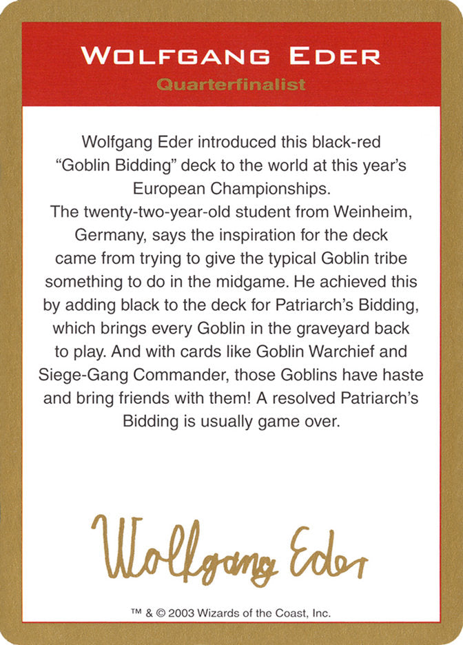 Wolfgang Eder Bio [World Championship Decks 2003] | Grognard Games