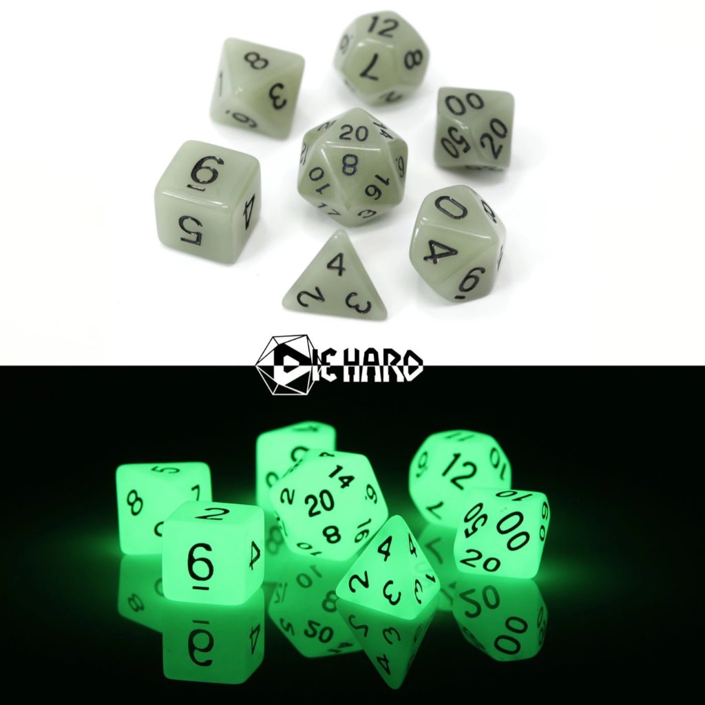 Die Hard Dice 7 Piece RPG set - Glow in the Dark- White | Grognard Games
