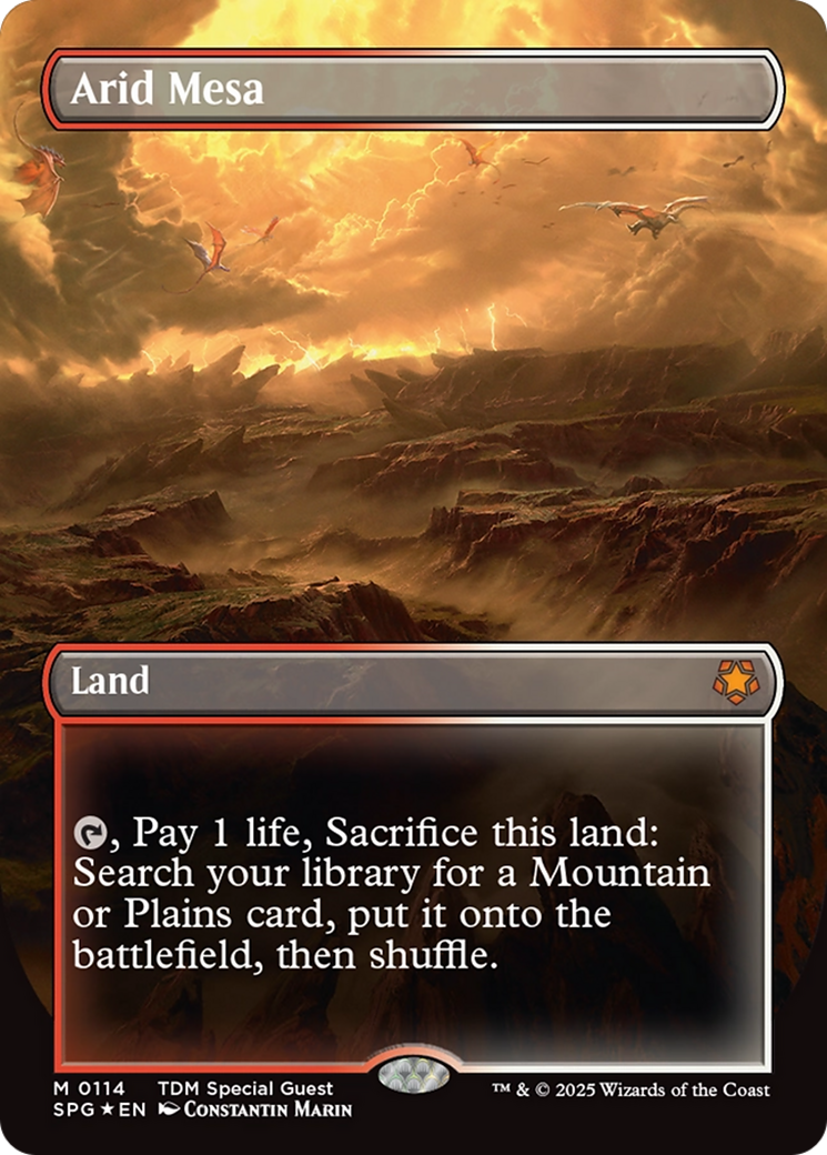 Arid Mesa (Borderless) (Dragonscale Foil) [Tarkir: Dragonstorm Special Guests] | Grognard Games