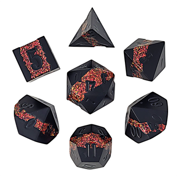 Forged Gaming Galactic Flow Black Orange 7-Piece Metal Dice Set | Grognard Games