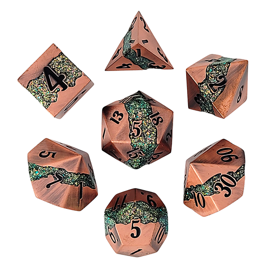 Forged Gaming Galactic Flow Copper Green Metal Dice Set | Grognard Games