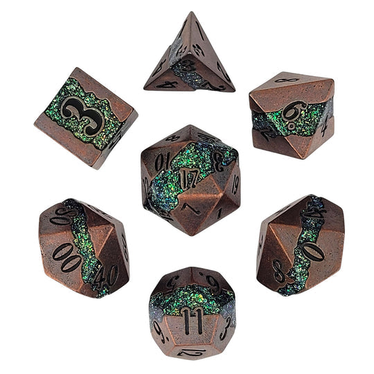 Galactic Flow Antique Copper Green 7-Piece Metal Dice Set | Grognard Games