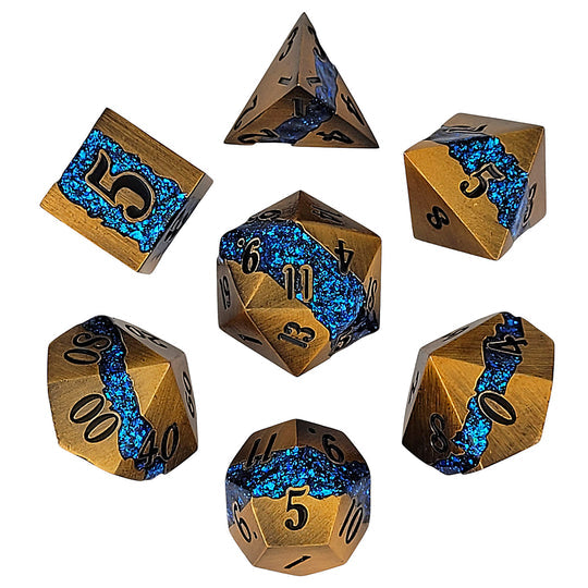 Galactic Flow Bronze Blue 7-Piece Metal Dice Set | Grognard Games