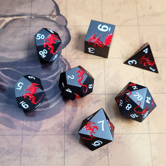 Dragons Flight Matte Gun Metal Red Metal RPG Dice Set of 7 | Grognard Games