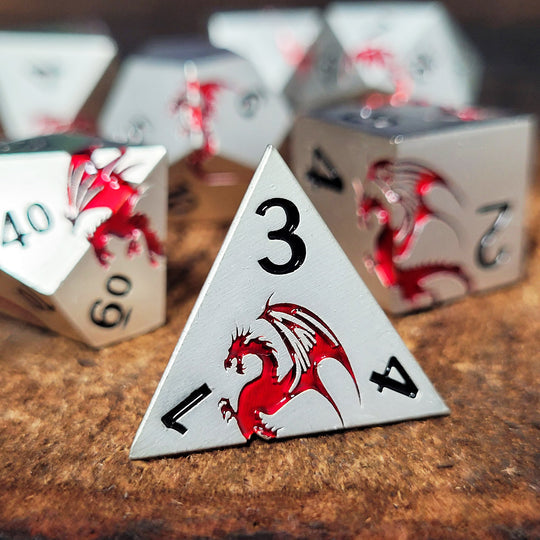 Dragons Flight Matte Silver Red Metal RPG Dice Set of 7 | Grognard Games