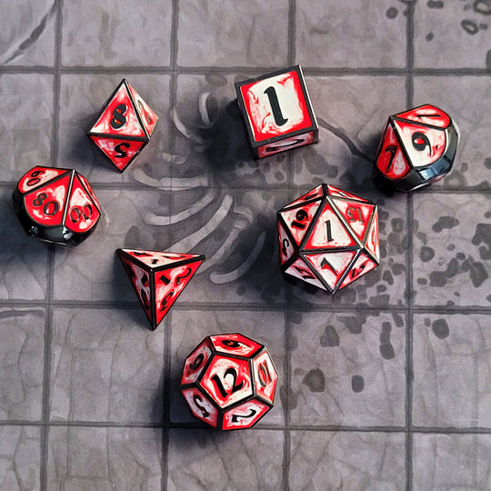 Forged Gaming Guardian Gun Metal Red White Swirl Metal RPG Dice Set of 7 | Grognard Games