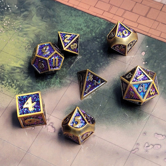 Forged Gaming Guardian Bronze Blue Purple Shift Glitter Metal RPG Dice Set of 7 | Grognard Games
